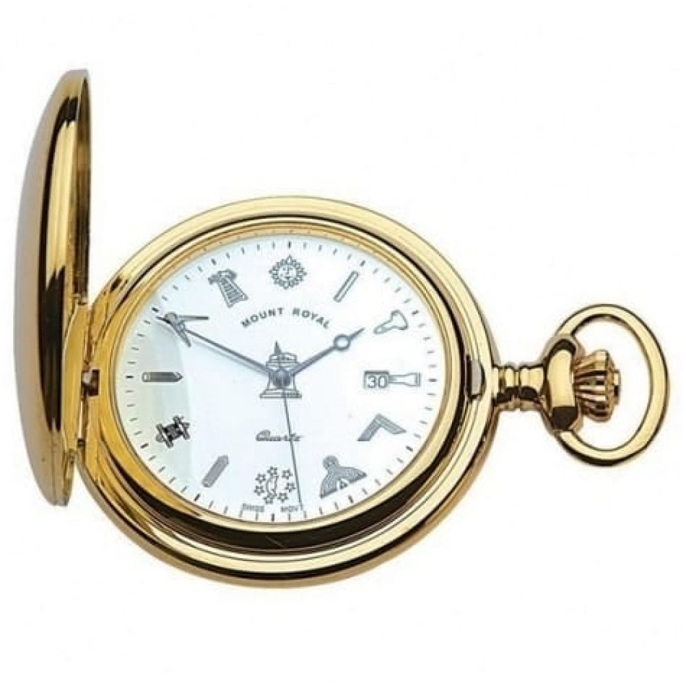 Masonic Gold Toned Quartz Half Hunter Pocket Watch