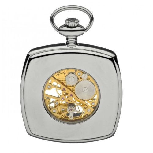 Chrome Polished Two Tone Mechanical Open Face Square Pocket Watch
