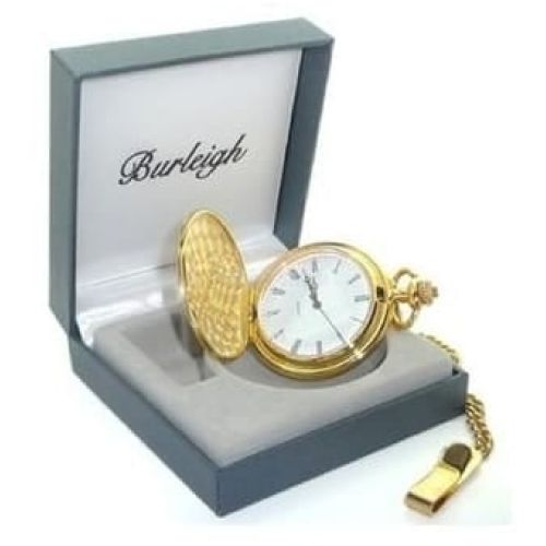 Polished Gold Plated Stainless Steel Full Hunter Pocket Watch With Chain & Stand