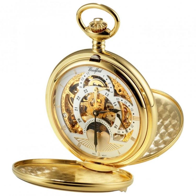 Gold Plated 17 Jewel Dual Moon Dial Mechanical Double Hunter Pocket Watch