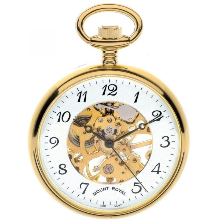 Gold Tone Swiss Mechanical Open Face Skeleton Pocket Watch with Arabic Indexes