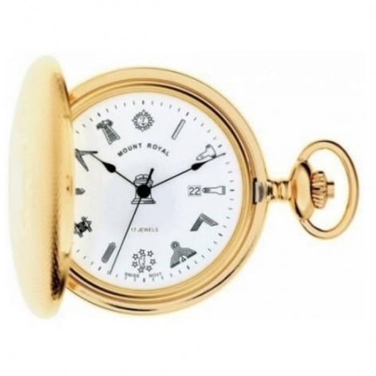 Gold Toned Masonic Mechanical Engine Turned Full Hunter Pocket Watch