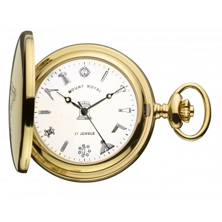 Gold Tone Full Hunter Swiss 17 Jewel Mechanical Pocket Watch With Masonic Dial